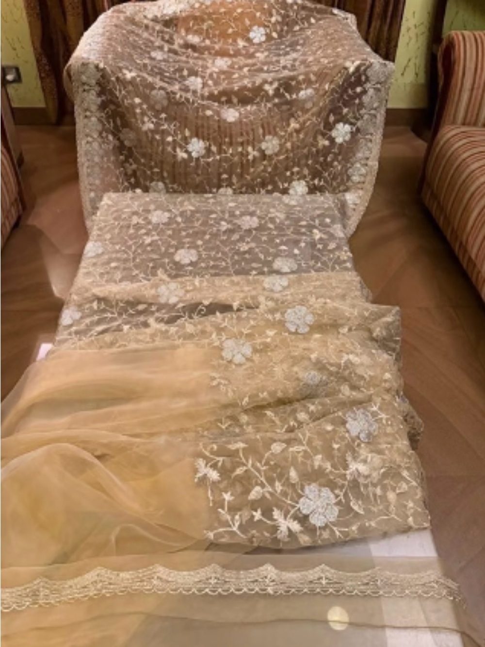 Embroidered Beige Floral organza saree with stone work